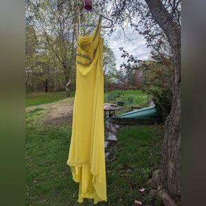 Janique by Kourosh Yellow Maxi Chiffon Rhinestone Off Shoulder Prom Dress